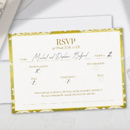 Gold Green Damask Wedding RSVP Kaartje