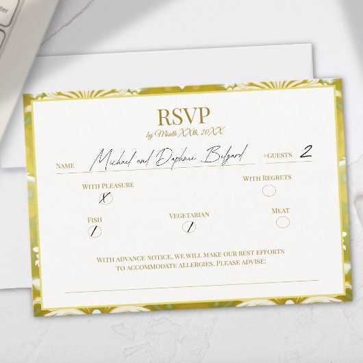 Gold Green Damask Wedding RSVP Kaartje