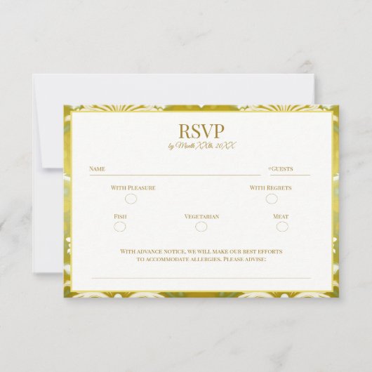 Gold Green Damask Wedding RSVP Kaartje (Voorkant)