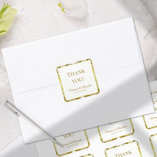 Gold Green Damask Wedding Vierkante Sticker