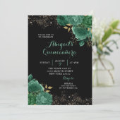Gold Green Emerald Floral Quinceañera Uitnodiging (Staand voorkant)
