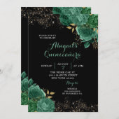 Gold Green Emerald Floral Quinceañera Uitnodiging (Voorkant / Achterkant)