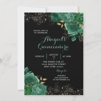 Gold Green Emerald Floral Quinceañera Uitnodiging