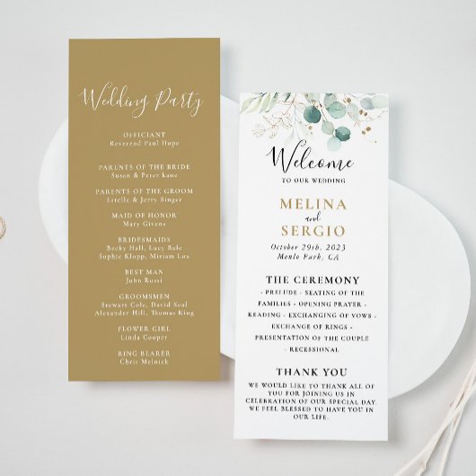 Gold Green Eucalyptus Calligraphy Wedding Programm Programmakaart
