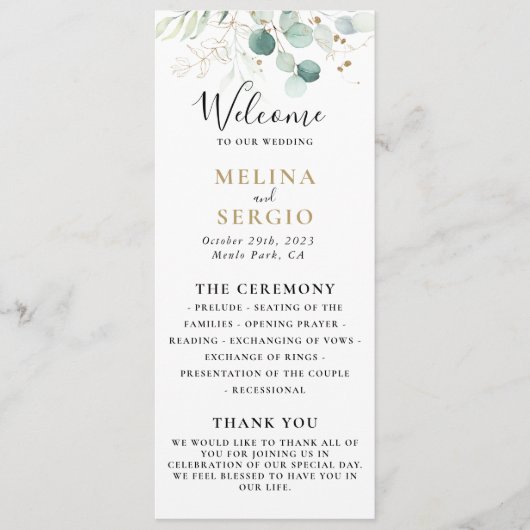 Gold Green Eucalyptus Calligraphy Wedding Programm Programmakaart (Voorkant)