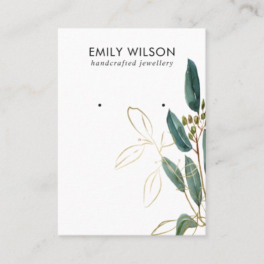 GOLD GREEN EUCALYPTUS FAUNA EARRING STUD DISPLAY VISITEKAARTJE (Voorkant)