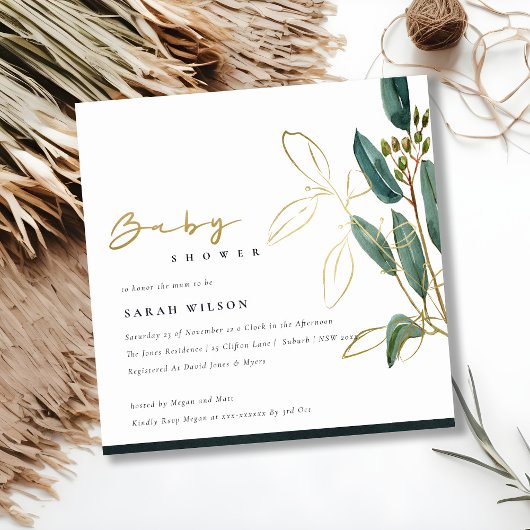 GOLD GREEN EUCALYPTUS FOLIAGE BABY SHOWER INVITE BEDANKKAART