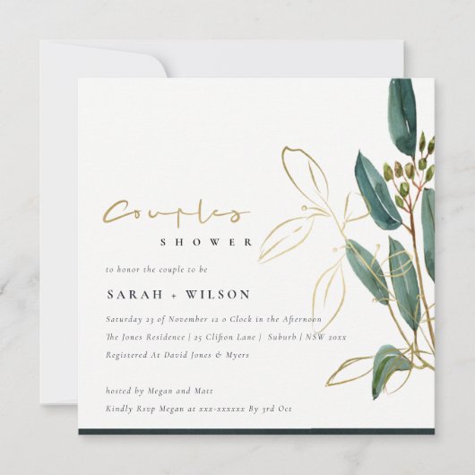 GOLD GREEN EUCALYPTUS FOLIAGE COUPLE SHOWER INVITE BEDANKKAART (Voorkant)