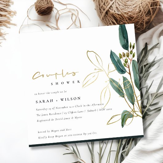 GOLD GREEN EUCALYPTUS FOLIAGE COUPLE SHOWER INVITE BEDANKKAART