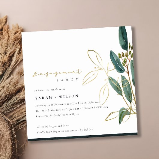 GOLD GREEN EUCALYPTUS FOLIAGE ENEGAGE INVITE BEDANKKAART