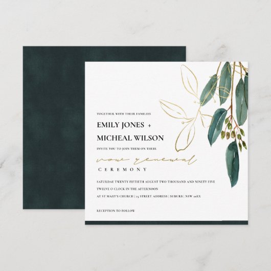 GOLD GREEN EUCALYPTUS FOLIAGE VOW RENEWAL INVITE BEDANKKAART (Voorkant / Achterkant)