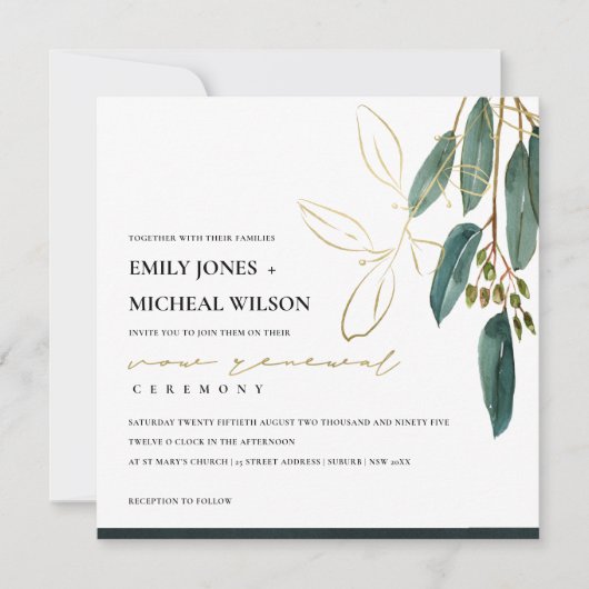 GOLD GREEN EUCALYPTUS FOLIAGE VOW RENEWAL INVITE BEDANKKAART (Voorkant)