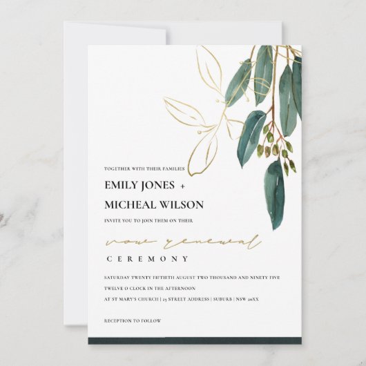 GOLD GREEN EUCALYPTUS FOLIAGE VOW RENEWAL INVITE BEDANKKAART (Voorkant)