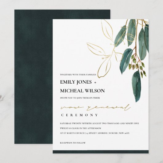 GOLD GREEN EUCALYPTUS FOLIAGE VOW RENEWAL INVITE BEDANKKAART (Voorkant / Achterkant)
