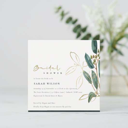 GOLD GREEN EUCALYPTUS FOLIAGE VRIJGEZELLENFEEST IN BEDANKKAART (Staand voorkant)