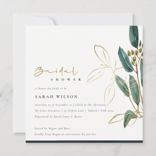 GOLD GREEN EUCALYPTUS FOLIAGE VRIJGEZELLENFEEST IN BEDANKKAART (Voorkant)