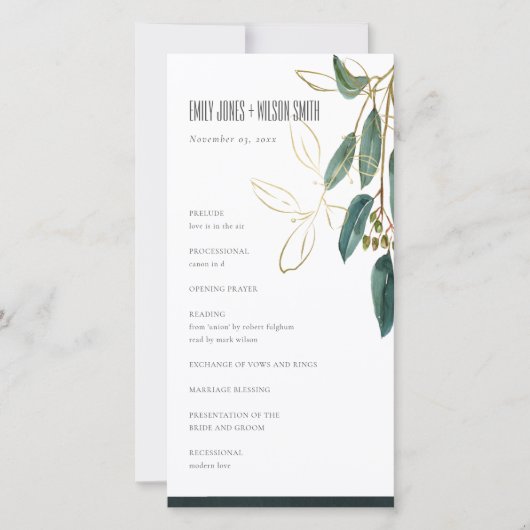 GOLD GREEN EUCALYPTUS FOLIAGE WEDDING PROGRAMMA KA (Voorkant)