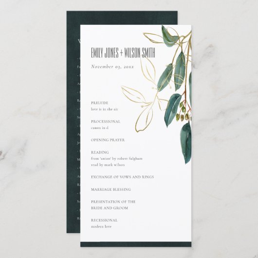 GOLD GREEN EUCALYPTUS FOLIAGE WEDDING PROGRAMMA KA (Voorkant / Achterkant)