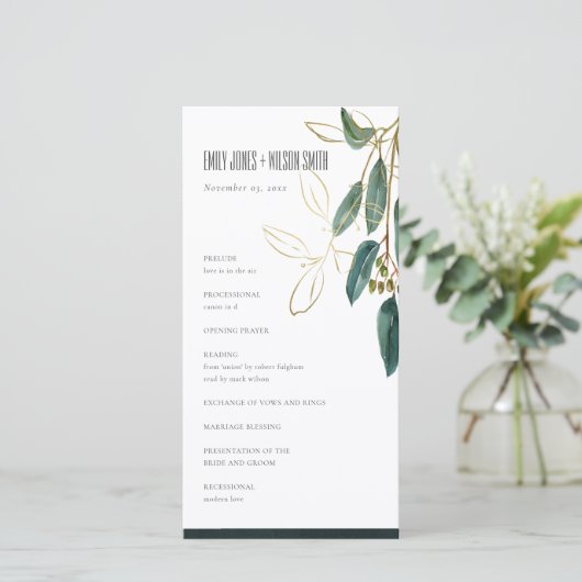 GOLD GREEN EUCALYPTUS FOLIAGE WEDDING PROGRAMMA KA (Staand voorkant)
