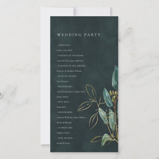 GOLD GREEN EUCALYPTUS FOLIAGE WEDDING PROGRAMMA KA (Achterkant)