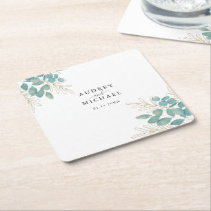 Gold Green Eucalyptus Leaf Illustration Wedding Kartonnen Onderzetters