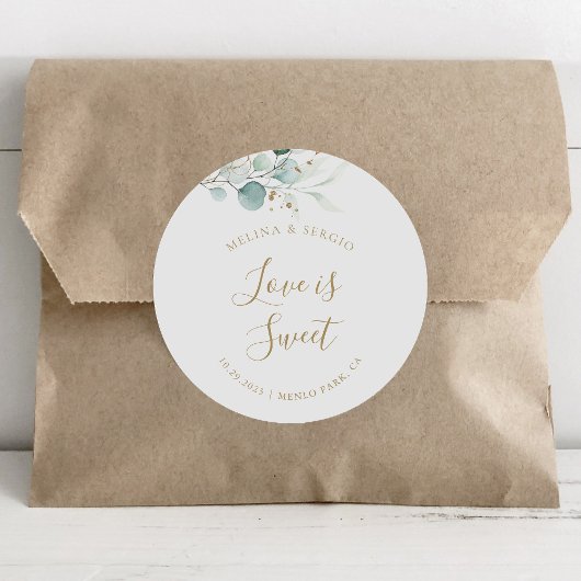 Gold Green Eucalyptus Wedding Love is Sweet Ronde Sticker
