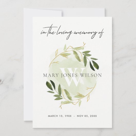 GOLD GREEN FAUNA SYMPATHY MEMORIAL SERVICE INVITE BEDANKKAART (Voorkant)