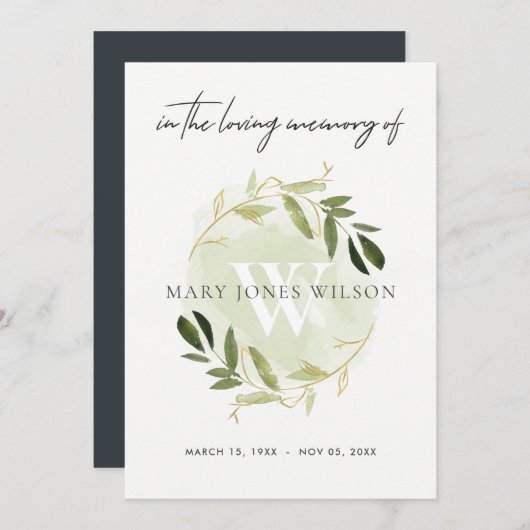 GOLD GREEN FAUNA SYMPATHY MEMORIAL SERVICE INVITE BEDANKKAART (Voorkant / Achterkant)