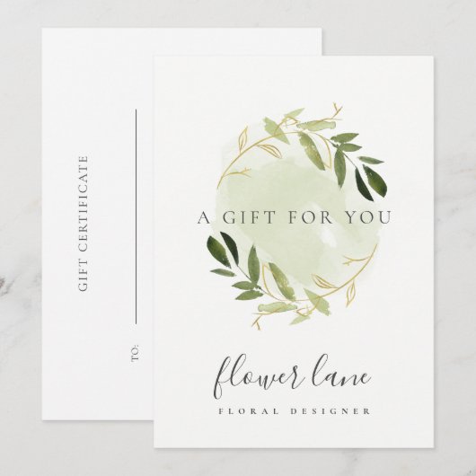 GOLD GREEN FAUNA WREATH GIFT CERTIFICATE CARD FEESTDAGENKAART (Voorkant / Achterkant)