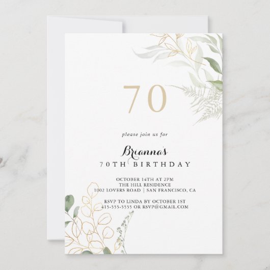 Gold Green Foliage 70th Birthday Party Kaart (Voorkant)
