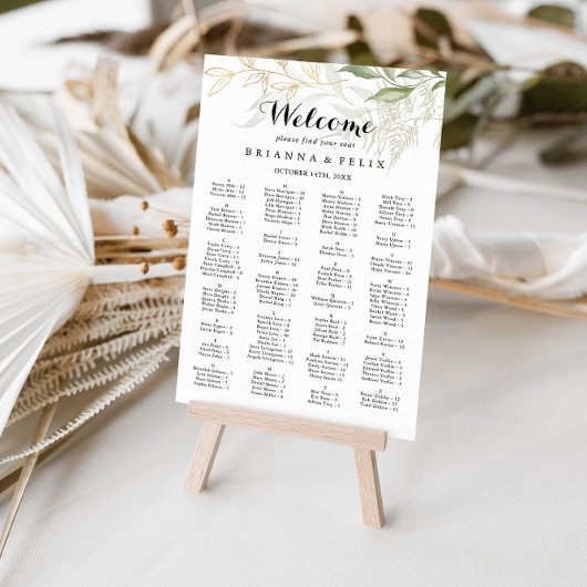 Gold Green Foliage Alfabetical Seating Chart Poster