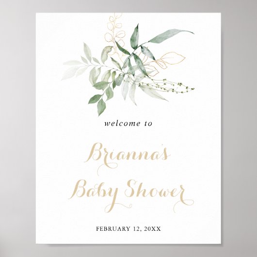 Gold Green Foliage Baby shower Welkom Poster (Voorkant)