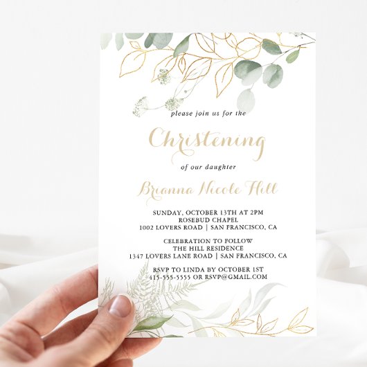 Gold Green Foliage Calligraphy Christening Kaart