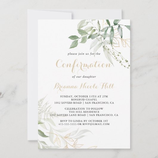 Gold Green Foliage Calligraphy Confirmation Kaart (Voorkant)