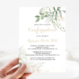 Gold Green Foliage Calligraphy Confirmation Kaart