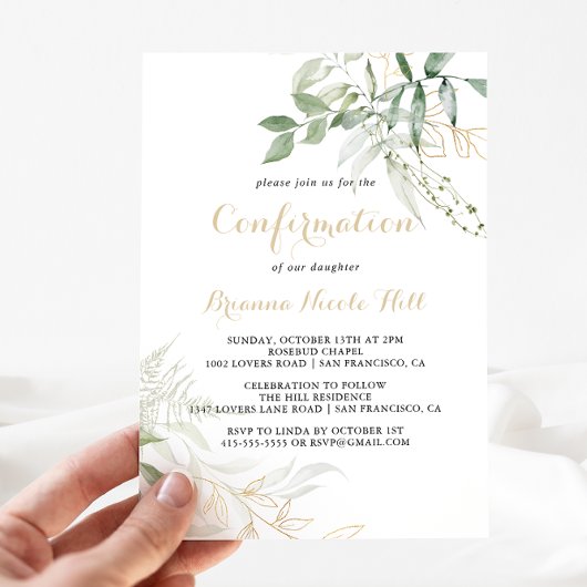 Gold Green Foliage Calligraphy Confirmation Kaart