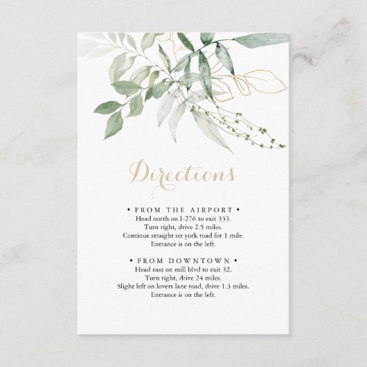 Gold Green Foliage Calligraphy Wedding Directions Informatiekaartje (Voorkant)