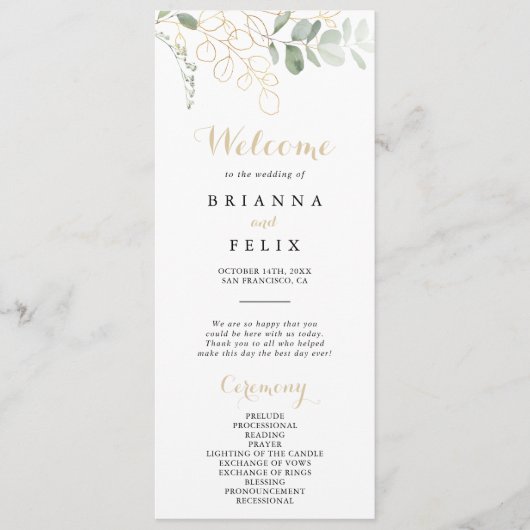 Gold Green Foliage Calligraphy Wedding Programme Programmakaart (Voorkant)