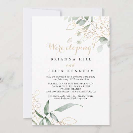 Gold Green Foliage Elopement Reception Kaart (Voorkant)
