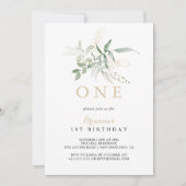 Gold Green Foliage First Birthday Party Invitation Kaart (Voorkant)