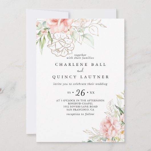 Gold Green Foliage Floral Casual Wedding Kaart (Voorkant)