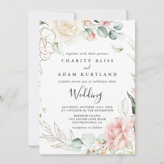 Gold Green Foliage Floral Front & Back Wedding Kaart (Voorkant)