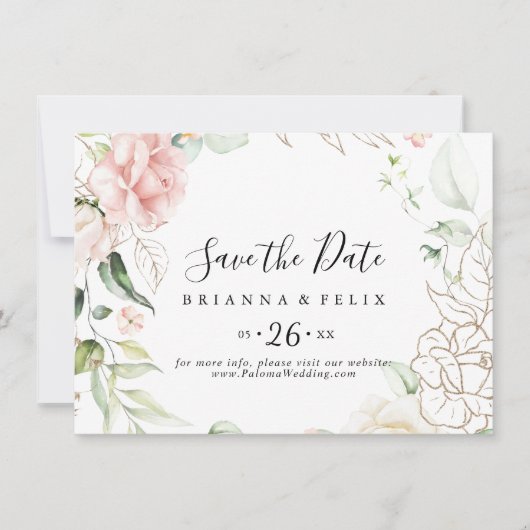Gold Green Foliage Floral Horizontal Wedding Save The Date (Voorkant)
