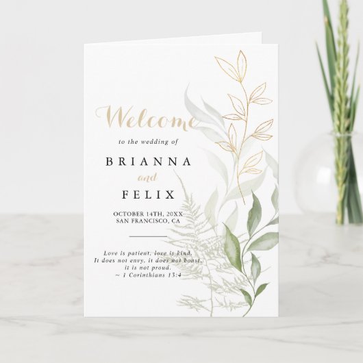 Gold Green Foliage Folded Wedding Program Programma (Voorkant)