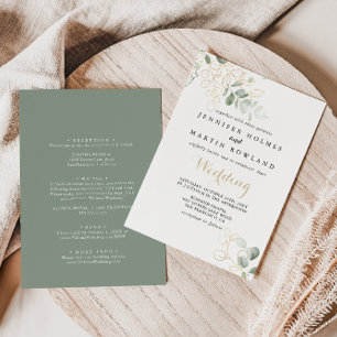 Gold Green Foliage Front & Back Wedding Kaart