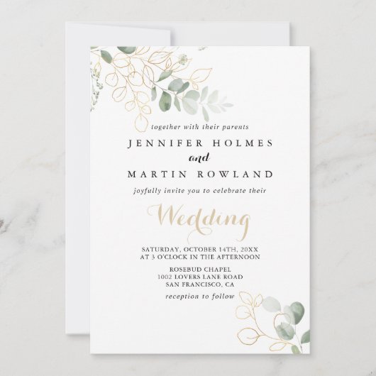 Gold Green Foliage Front & Back Wedding Kaart (Voorkant)