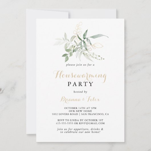 Gold Green Foliage Housewarming Party Kaart (Voorkant)