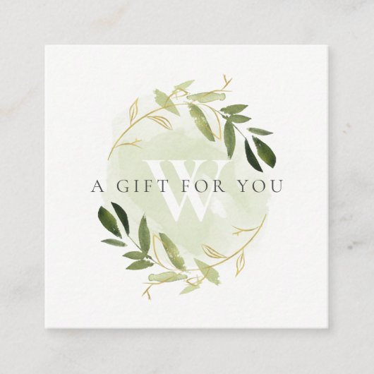 GOLD GREEN FOLIAGE INITIAAL WREATH GIFT CERTIFICAA VIERKANTE VISITEKAARTJE (Voorkant)