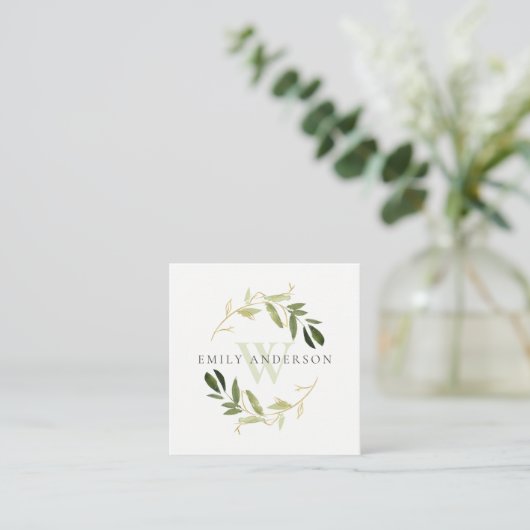 GOLD GREEN FOLIAGE INITIAAL WREATH PROFESSIONAL VIERKANTE VISITEKAARTJE (Staand voorkant)