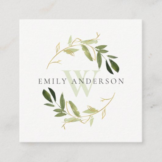 GOLD GREEN FOLIAGE INITIAAL WREATH PROFESSIONAL VIERKANTE VISITEKAARTJE (Voorkant)